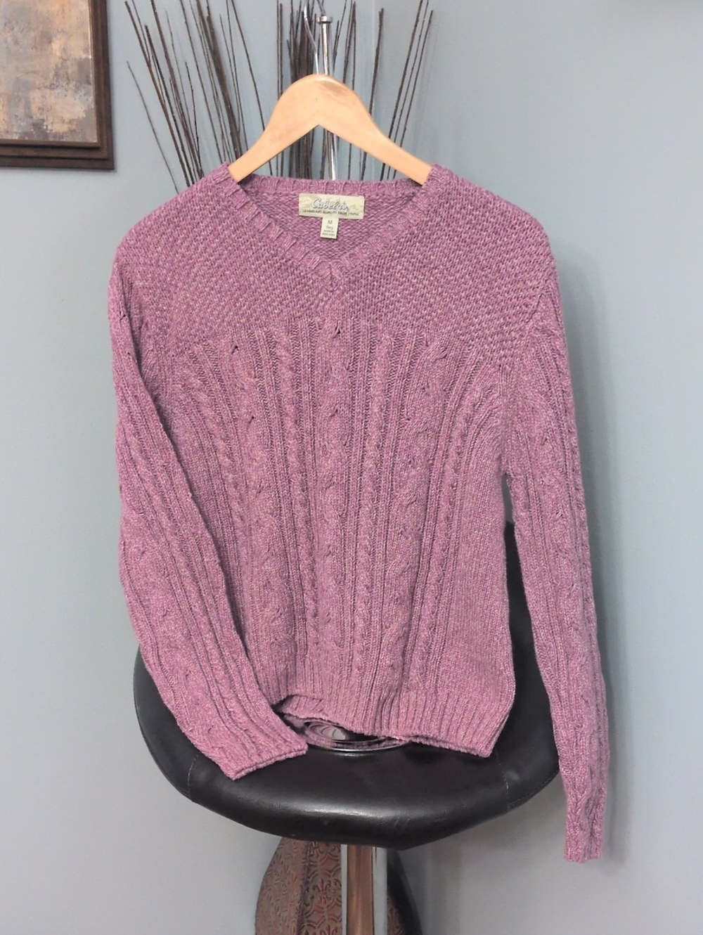 Cabela's 100% Cotton Mauve Cable-Knit V-Neck Sweater